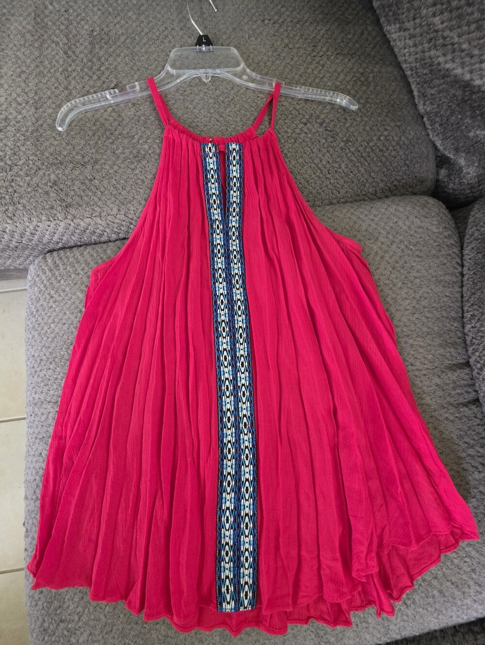 by & by Red Pleated Tank with Blue Patterned Center Trim